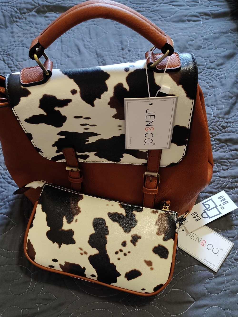 Brown and Cowhide Print Women's Satchel with Wristlet and Change Purse